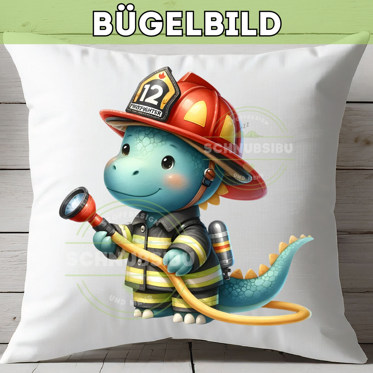 Bügelbild Niedlicher Feuerwehr Dino